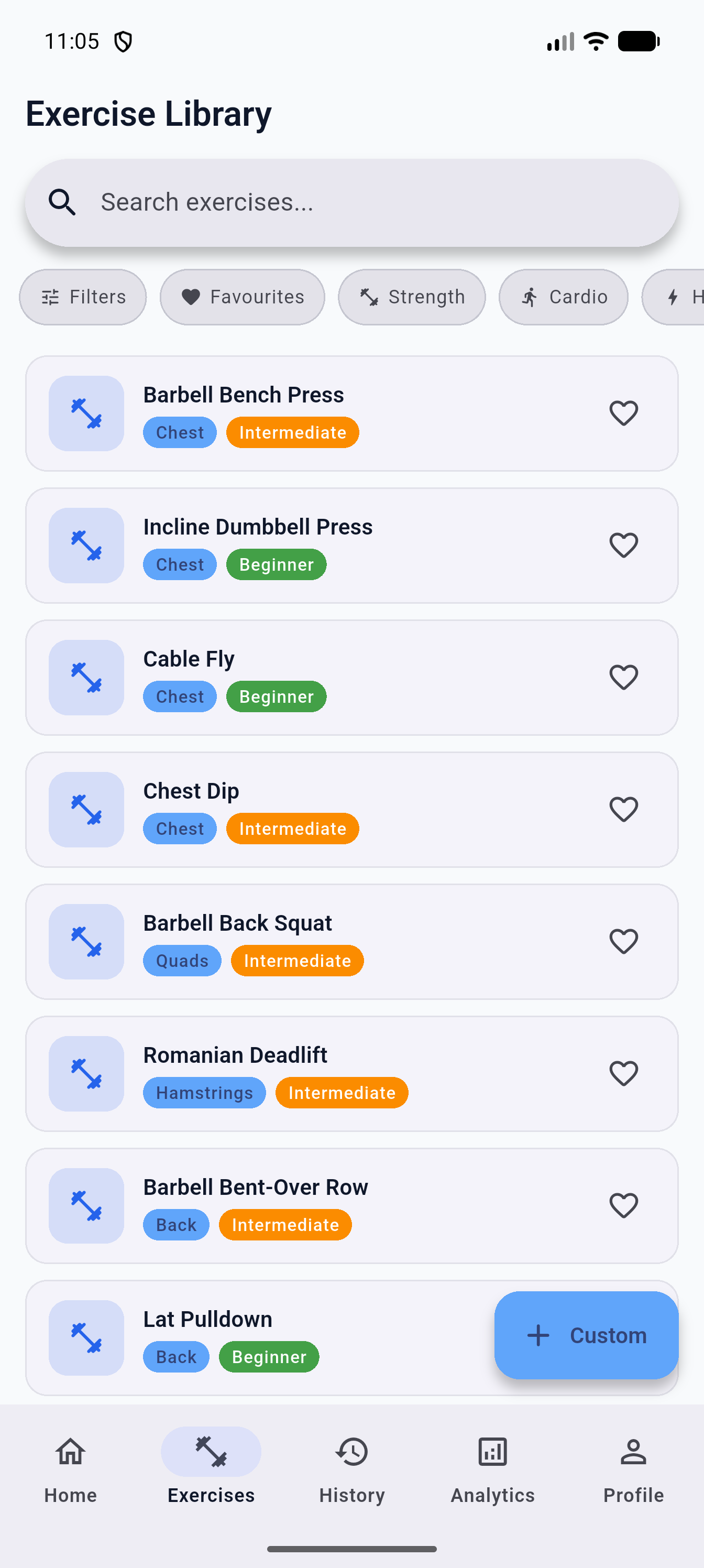 Exercise library screen with search bar, quick filter chips, and muscle group exercise cards