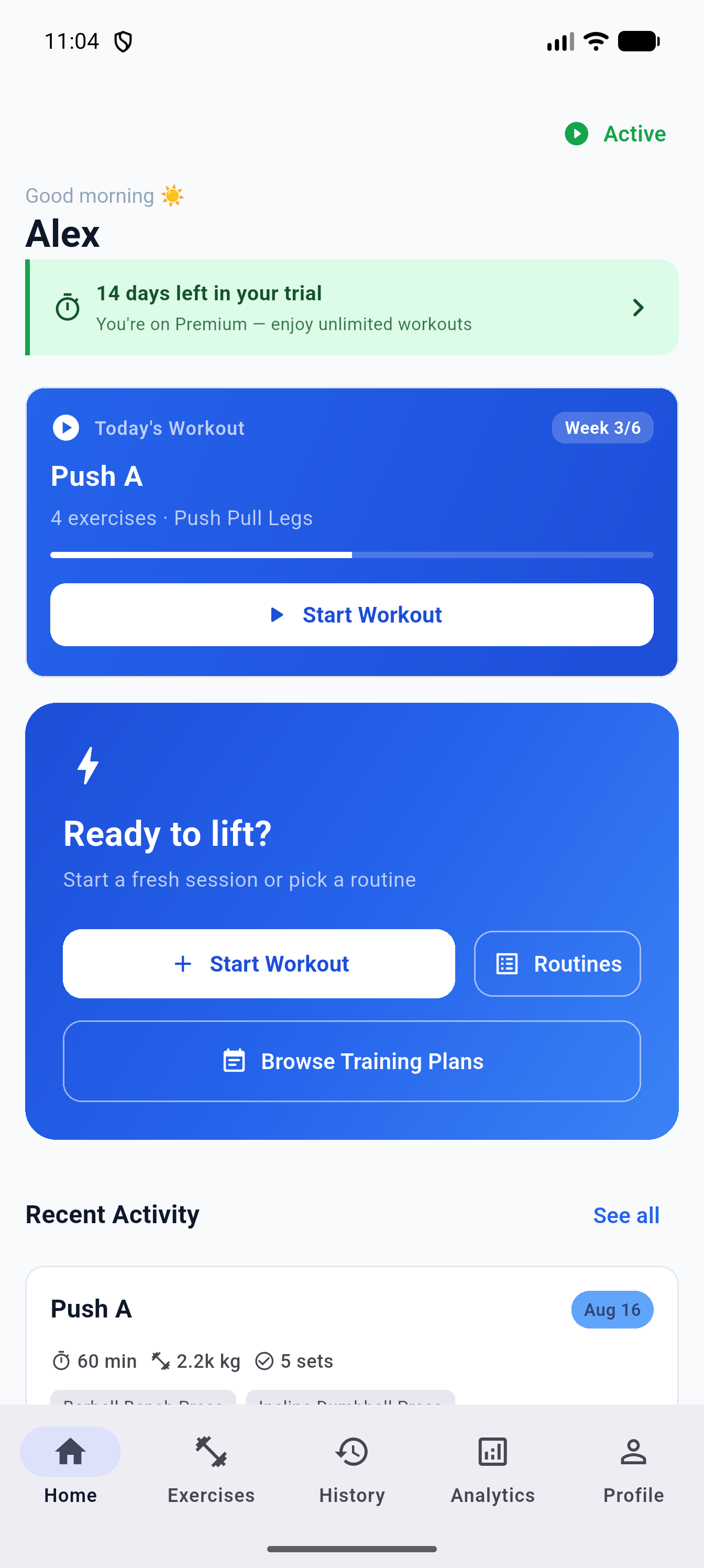 Home dashboard screen showing scheduled Push A routine, active plan progress, and recent workout activity