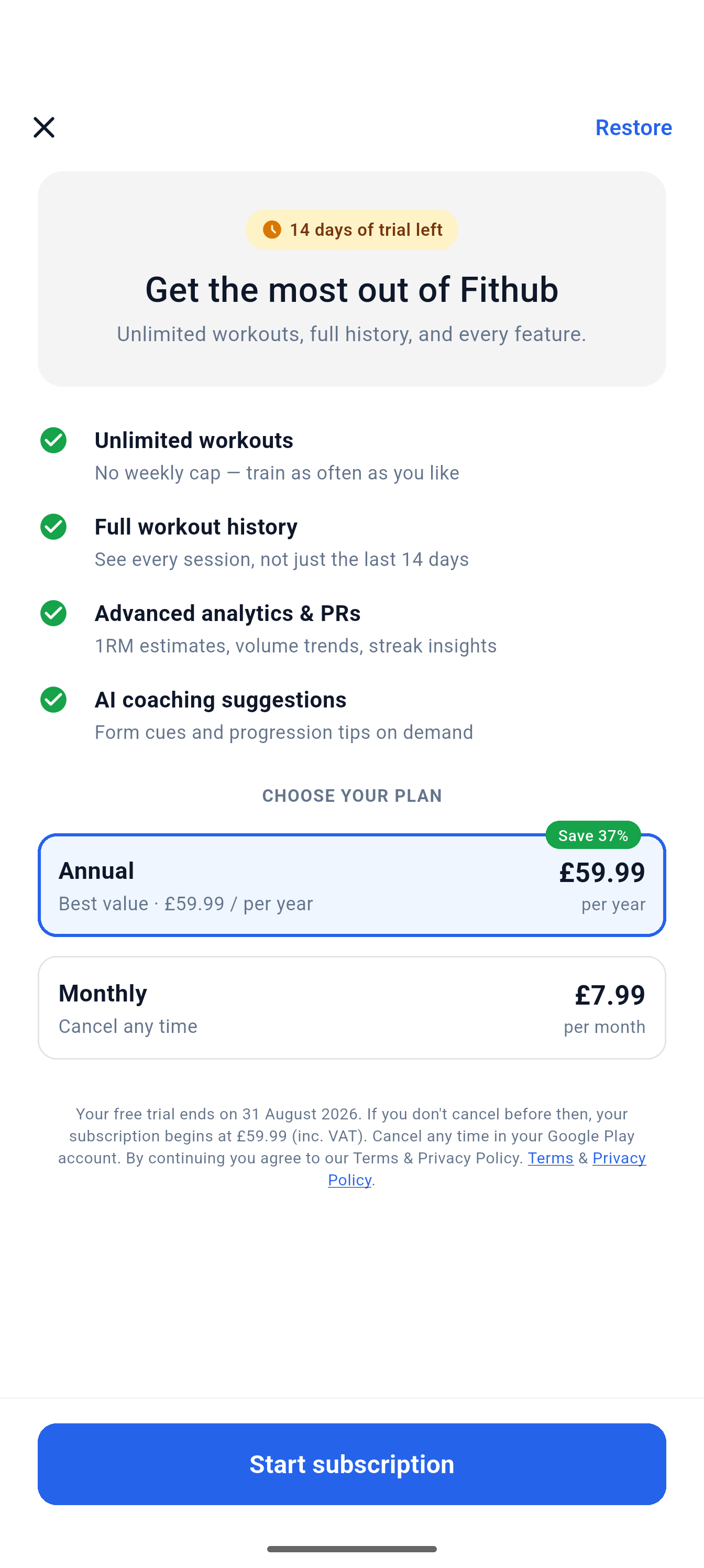 365 FitHub Pro subscription screen showcasing smart joint swaps, specialized programs, HealthKit sync, and AI coaching