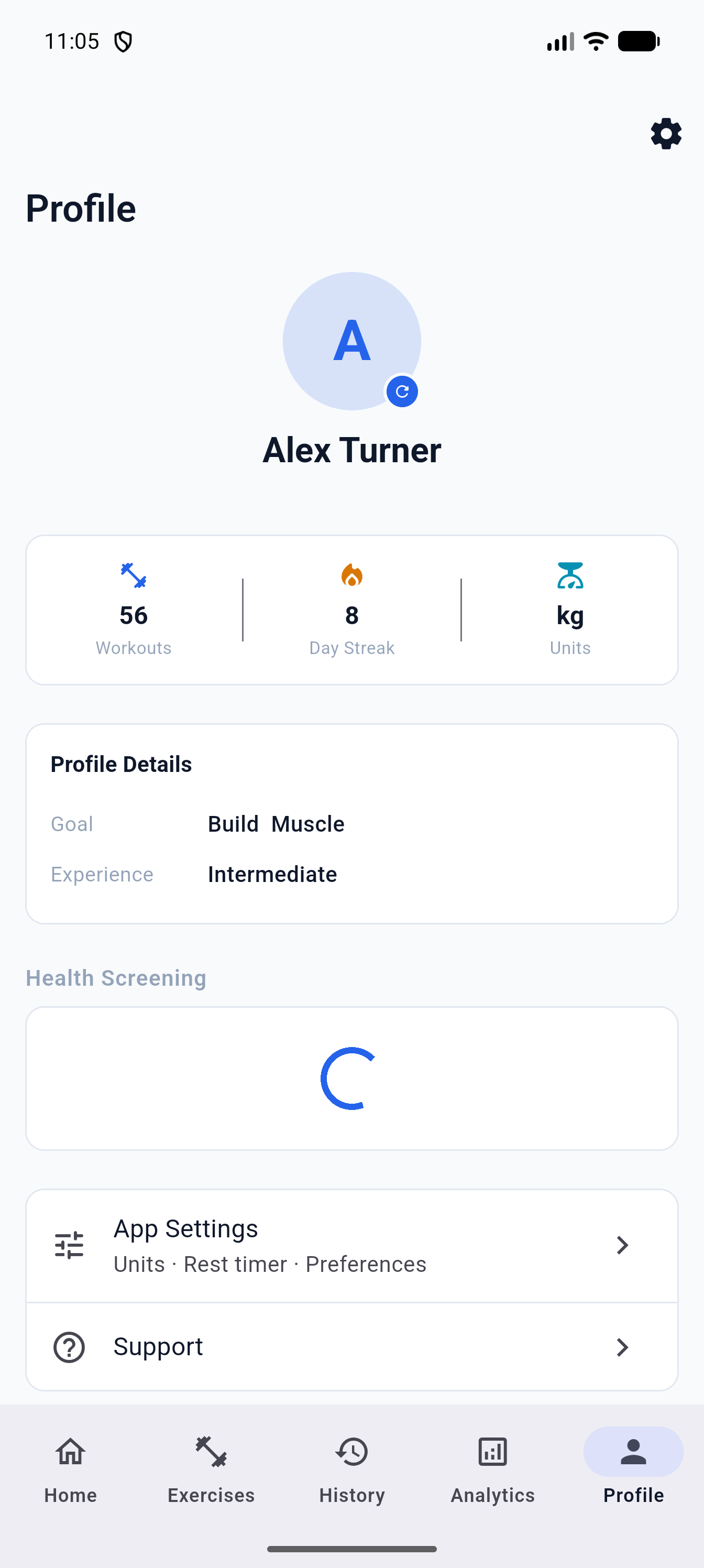 Profile screen showing user statistics, goal details, health screening status, and app settings