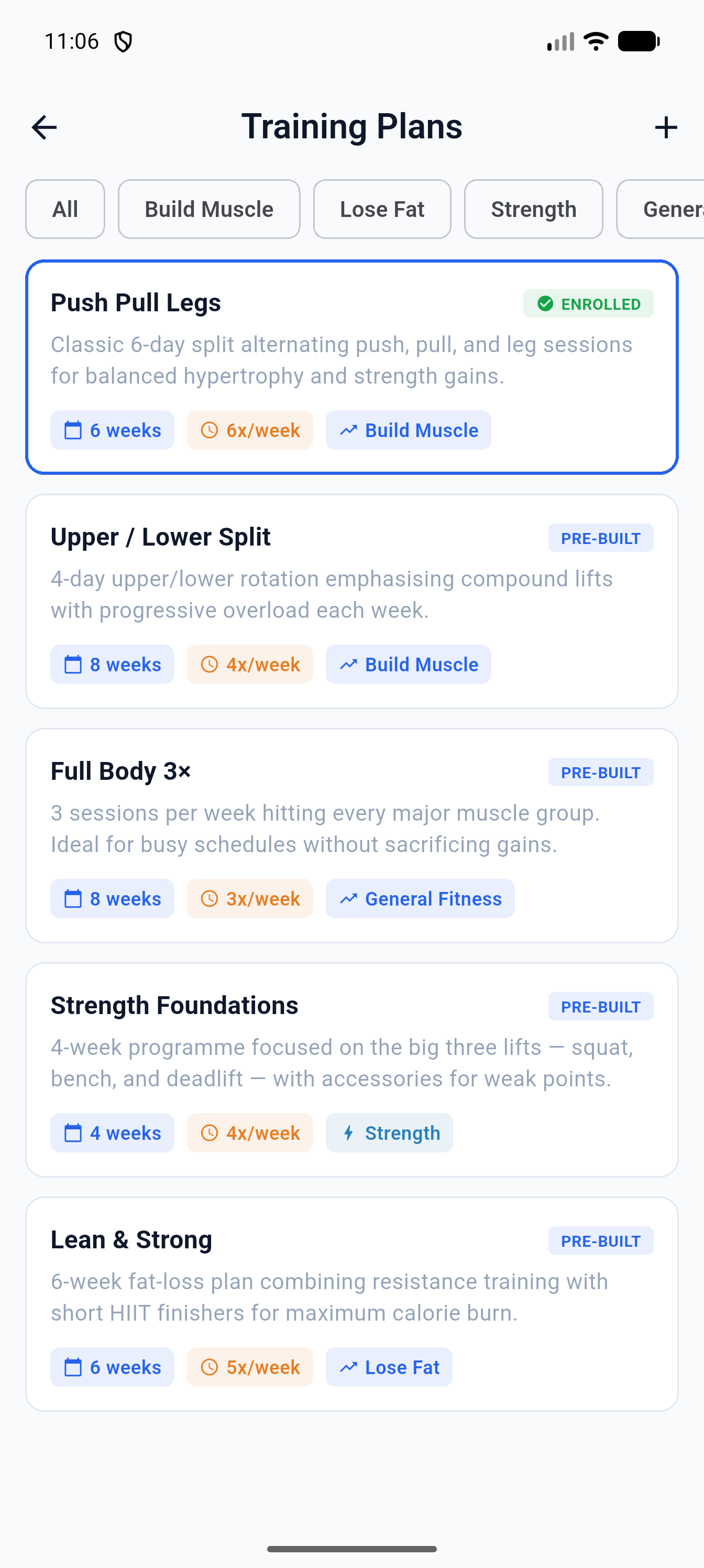 Training plans browser screen showing Push Pull Legs, Upper/Lower Split, and Full Body programs