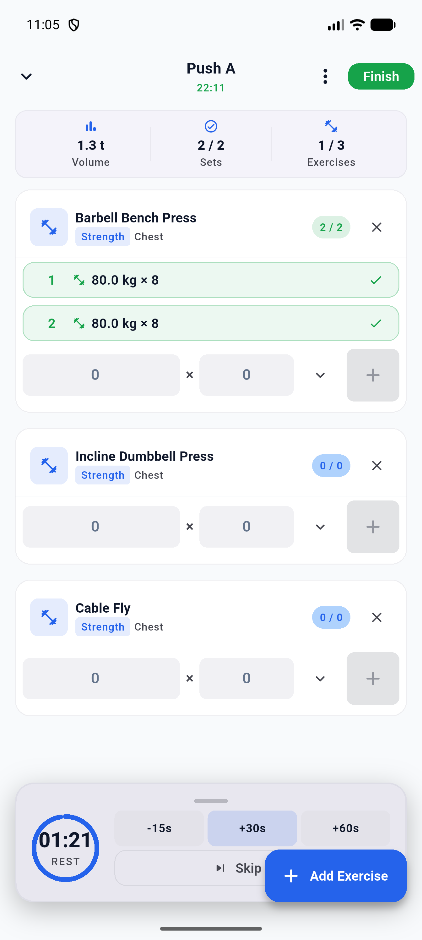 Active workout logging screen showing Push A workout, Barbell Bench Press sets, live volume counter, and floating rest timer